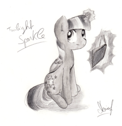 Size: 2000x2065 | Tagged: safe, artist:nairua, twilight sparkle, alicorn, pony, g4, book, drawing, female, high res, magic, monochrome, solo, twilight sparkle (alicorn)