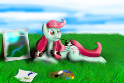 Size: 6000x4000 | Tagged: safe, artist:cjvselinmortal, edit, oc, oc only, oc:pepperminty, pegasus, pony, :3, cute, grass, mountain, painting, paints, pencil drawing, sky