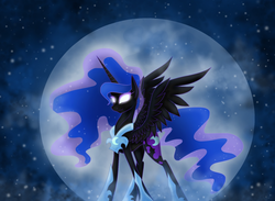 Size: 1024x750 | Tagged: safe, artist:derpsonhooves, nightmare moon, alicorn, pony, g4, female, glowing eyes, moon, smiling, smirk, solo, spread wings, standing