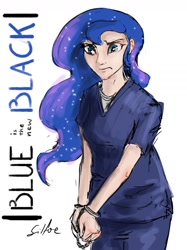 Size: 1280x1707 | Tagged: safe, artist:silfoe, princess luna, human, lunadoodle, g4, clothes, cuffs, female, humanized, orange is the new black, prison outfit, solo