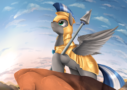 Size: 3749x2662 | Tagged: safe, artist:pridark, oc, oc only, oc:cloud zapper, armor, high res, royal guard, solo, spear