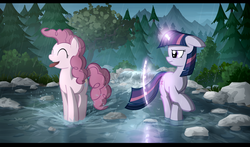 Size: 1920x1126 | Tagged: safe, artist:gign-3208, pinkie pie, twilight sparkle, earth pony, pony, unicorn, g4, annoyed, duo, duo female, female, happy, magic, mare, rain, scenery, tongue out, tree, twilight sparkle is not amused, unamused