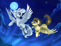 Size: 3606x2734 | Tagged: safe, artist:pridark, oc, oc only, oc:star, oc:summer rays, pegasus, pony, blue moon, cloud, duo, female, flying, full moon, high res, looking at each other, male, mare, moon, night, night sky, open mouth, signature, sky, smiling, spread wings, stallion, starry night, wings