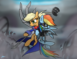 Size: 2008x1535 | Tagged: safe, artist:mrasianhappydude, applejack, rainbow dash, g4, amputee, artificial wings, augmented, badass, blades, gears of nature, goggles, hat, hilarious in hindsight, mechanical wing, prosthetic limb, prosthetic wing, prosthetics, wings