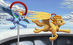 Size: 1500x923 | Tagged: safe, artist:zevironmoniroth, rainbow dash, spitfire, pegasus, pony, g4, flying, rainbow trail, spread wings