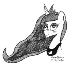 Size: 938x851 | Tagged: safe, artist:mane-shaker, princess luna, alicorn, pony, g4, black and white, blushing, bust, female, grayscale, looking at you, monochrome, portrait, solo, tongue out, traditional art