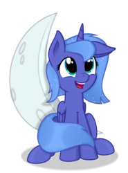 Size: 4434x6000 | Tagged: safe, artist:spier17, princess luna, g4, absurd resolution, crescent moon, cute, female, filly, floppy ears, moon, open mouth, simple background, sitting, smiling, solo, transparent background, woona