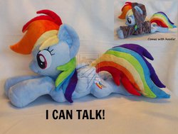 Size: 1027x777 | Tagged: dead source, safe, artist:epicrainbowcrafts, rainbow dash, pegasus, pony, g4, clothes, cute, deviantart watermark, folded wings, hoodie, irl, lying down, obtrusive watermark, photo, plushie, prone, solo, watermark, wings