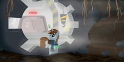 Size: 5787x2895 | Tagged: safe, artist:theastralwanderer, oc, oc only, oc:littlepip, pony, unicorn, fallout equestria, clothes, fanfic, fanfic art, female, hooves, horn, jumpsuit, mare, pipboy, pipbuck, rock, roots, saddle bag, solo, stable (vault), stable 2, stable door, vault, vault suit