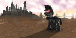 Size: 5787x2895 | Tagged: safe, artist:theastralwanderer, oc, oc only, oc:steelhooves, earth pony, pony, fallout equestria, armor, bridge, crystaller building, fanfic, fanfic art, male, manehattan, power armor, ruins, solo, stallion, steel ranger, wasteland