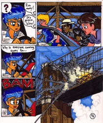 Size: 1380x1642 | Tagged: safe, artist:newyorkx3, flash sentry, human, comic:twilight and the big city, g4, bridge, comic, explosion, traditional art