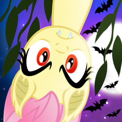 Size: 800x800 | Tagged: safe, artist:pixelkitties, fluttershy, bat, g4, fangs, female, flutterbat, looking at you, moon, solo, upside down