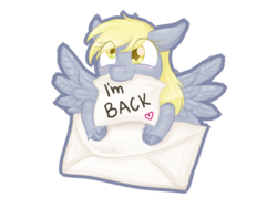 Size: 1024x768 | Tagged: safe, artist:kyaokay, derpy hooves, pegasus, pony, g4, envelope, female, letter, mare, mouth hold, palindrome get, solo