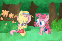 Size: 1024x683 | Tagged: safe, artist:kyaokay, fluttershy, pinkie pie, earth pony, pegasus, pony, g4, bouquet, clothes, duo, flower, hat, skirt, tree