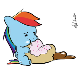 Size: 594x517 | Tagged: safe, artist:atryl, rainbow dash, g4, cute, dashabetes, donut, female, filly, filly rainbow dash, foal, messy eating, nom, solo