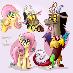 Size: 1200x1200 | Tagged: safe, artist:thedoggygal, discord, fluttershy, g4, bowtie, cute, discute, glasses