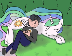 Size: 1006x794 | Tagged: safe, artist:kickassking, princess celestia, human, g4, fanfic, fanfic art, grass, happy, sleeping, smiling