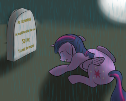 Size: 999x799 | Tagged: safe, artist:kickassking, spike, twilight sparkle, alicorn, pony, g4, crying, female, gravestone, immortality blues, implied death, mare, moon, rain, sad, solo, twilight sparkle (alicorn)