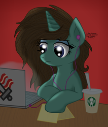 Size: 2002x2346 | Tagged: safe, artist:knight-of-bacon, oc, oc only, pony, unicorn, computer, high res, laptop computer, ponysona, solo