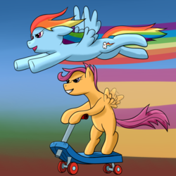 Size: 894x894 | Tagged: safe, artist:kickassking, rainbow dash, scootaloo, pegasus, pony, g4, flying, grin, happy, race, rainbow trail, scooter