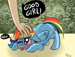 Size: 960x720 | Tagged: dead source, safe, artist:misspolycysticovary, rainbow dash, human, pegasus, pony, g4, :p, blushing, collar, cute, dashabetes, embarrassed, face down ass up, female, floppy ears, frown, glare, good girl, hand, lidded eyes, mare, pet play, pet-dash, petting, pony pet, solo focus, speech bubble, tongue out, ugh, wink