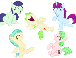 Size: 821x633 | Tagged: safe, artist:berrypunchrules, blueberry cake, cherry crash, drama letter, mystery mint, tennis match, watermelody, earth pony, pegasus, pony, unicorn, equestria girls, g4, background human, base used, equestria girls ponified, laughing, ponified