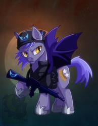 Size: 746x960 | Tagged: safe, artist:twotigermoon, oc, oc only, bat pony, pony, ar-15, commission, gun, new lunar republic, rifle, solo