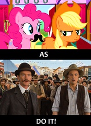 Size: 768x1064 | Tagged: safe, screencap, applejack, pinkie pie, g4, a million ways to die in the west, exploitable meme, make it happen, meme, moustache, neil patrick harris, seth macfarlane, western