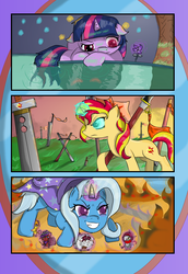 Size: 4070x5929 | Tagged: safe, artist:dusk-spark, sunset shimmer, trixie, twilight sparkle, hamster, pony, unicorn, g4, absurd resolution, counterparts, fanfic art, glowing eyes, magical trio, twilight's counterparts, weapon