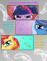 Size: 917x1168 | Tagged: safe, artist:dusk-spark, sunset shimmer, trixie, twilight sparkle, pony, unicorn, g4, counterparts, feather, i never asked for this, magical trio, twilight's counterparts