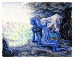 Size: 1870x1475 | Tagged: safe, artist:dahtamnay, princess luna, alicorn, pony, g4, cliff, cloud, cloudy, female, forest, looking up, mountain, river, scenery, sky, solo, stormcloud, thunderstorm, traditional art