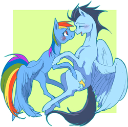 Size: 570x568 | Tagged: safe, artist:pasikon, rainbow dash, soarin', pegasus, pony, g4, alternate cutie mark, blushing, boop, cute, eyes closed, female, flying, hug, male, mare, noseboop, old cutie mark, open mouth, pixiv, ship:soarindash, shipping, smiling, spread wings, stallion, straight