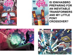 Size: 1718x1296 | Tagged: safe, artist:tony fleecs, idw, dj pon-3, nightmare moon, pinkie pie, rainbow dash, vinyl scratch, friendship is magic #19, g4, micro-series #5, my little pony micro-series, official, clash of hasbro's titans, comic, cover, crossover, hasbro, hilarious in hindsight, megatron, optimus prime, soundwave, starscream, transformers