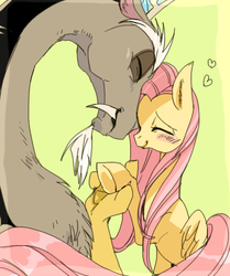 Size: 428x511 | Tagged: safe, artist:pasikon, discord, fluttershy, g4, blushing, cute, eyes closed, female, male, pixiv, ship:discoshy, shipping, straight, underhoof