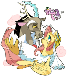 Size: 520x592 | Tagged: safe, artist:pasikon, discord, fluttershy, screwball, g4, bride, female, male, pixiv, ship:discoshy, shipping, straight