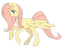Size: 604x454 | Tagged: safe, artist:pasikon, fluttershy, pegasus, pony, g4, colored, female, flat colors, mare, open mouth, pixiv, raised leg, simple background, solo, spread wings, white background, wings