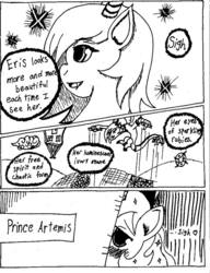 Size: 738x960 | Tagged: safe, artist:the1king, discord, princess luna, g4, eris, manga, monochrome, prince artemis, rule 63, ship:arteris