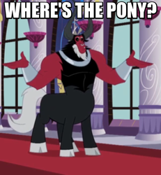 Size: 457x494 | Tagged: safe, screencap, lord tirek, g4, twilight's kingdom, image macro, male, meme, reaction image, shrug, solo, where's the pony?, x in hub network