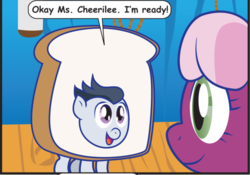 Size: 590x412 | Tagged: safe, artist:inspectornills, edit, cheerilee, rumble, pegasus, pony, g4, bread, bread costume, clothes, colt, comic, context is for the weak, costume, cropped, cute, disguise, food, food costume, hnnng, i am bread, literal ponyloaf, male, rumblebetes, weapons-grade cute