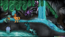 Size: 7000x4000 | Tagged: safe, artist:nekomellow, queen chrysalis, oc, oc:gallow wisp, oc:tech talk, changeling, g4, cave, cocoon