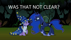 Size: 1280x720 | Tagged: safe, edit, edited screencap, screencap, princess luna, twilight sparkle, alicorn, pony, unicorn, g4, luna eclipsed, clothes, cosplay, costume, female, mare, nightmare night, nightmare night costume, star swirl the bearded costume, text, twilight the bearded, unicorn twilight