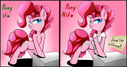 Size: 1024x546 | Tagged: safe, artist:madacon, pinkie pie, earth pony, pony, g4, clothes, comparison, female, know the difference, panties, shirt, solo, thong, underwear, we don't normally wear clothes