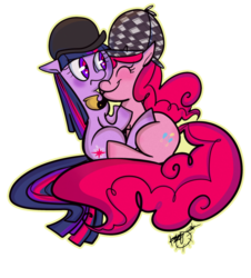 Size: 1674x1849 | Tagged: safe, artist:fetus, pinkie pie, twilight sparkle, earth pony, pony, unicorn, g4, mmmystery on the friendship express, blushing, bubble pipe, deerstalker, duo, female, hat, mare, nuzzling, pixiv, sitting
