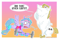 Size: 1046x692 | Tagged: safe, artist:catwhitney, bulk biceps, oc, oc:sleepy skies, g4, blushing, do you even lift, exhausted, facehoof, leg warmers, leotard, meme, sweat, weight, workout