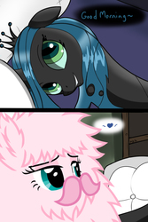 Size: 600x900 | Tagged: safe, artist:mixermike622, artist:sonikku001, edit, queen chrysalis, oc, oc:fluffle puff, g4, bedroom eyes, canon x oc, dat ass, dialogue, female, good morning, lesbian, looking at each other, meme, ship:chrysipuff, shipping, the ass was fat