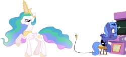 Size: 5000x2276 | Tagged: safe, artist:ex-machinart, princess celestia, princess luna, alicorn, pony, gamer luna, g4, arcade, arcade cabinet, arcade game, duo, duo female, female, filly, gamer woona, magic, mare, royal sisters, siblings, simple background, sisters, transparent background, trollestia, vector, woona, younger