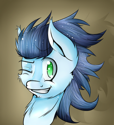Size: 1280x1406 | Tagged: safe, artist:hitelf, soarin', g4, bust, colored, fluffy, male, simple background, smiling, solo, teeth, wink