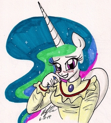 Size: 1028x1136 | Tagged: safe, artist:newyorkx3, princess celestia, anthro, g4, blushing, female, shy, solo, traditional art