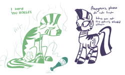 Size: 2031x1225 | Tagged: safe, artist:nobody, zecora, oc, oc:anon, zebra, g4, blushing, floppy ears, human to zebra, poof, sitting, species swap, transformation, unamused, zebrafied