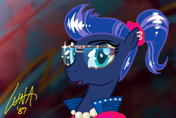 Size: 1655x1104 | Tagged: safe, artist:selenophile, princess luna, pony, g4, 80s, alternate hairstyle, glasses, missing accessory, portrait, signature, solo